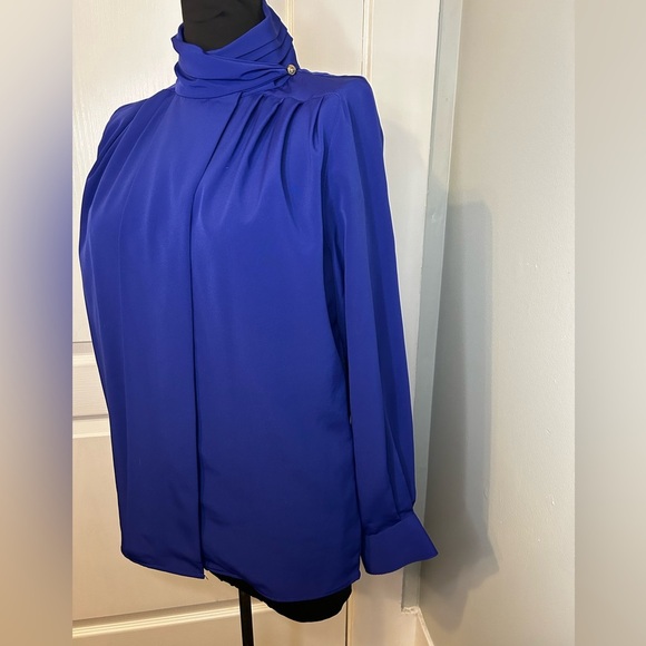 Woolf Bros Vintage 90s Light Academia  Cobalt Electric Blue High Neck Blouse M - Picture 2 of 7
